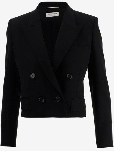 Shop Saint Laurent Double Breasted Cropped Blazer In Black