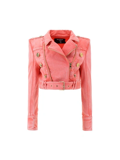 Balmain Cropped Acid Wash Denim Biker Jacket - 4kh Rose Moyen - Size 38 In  Pink | ModeSens
