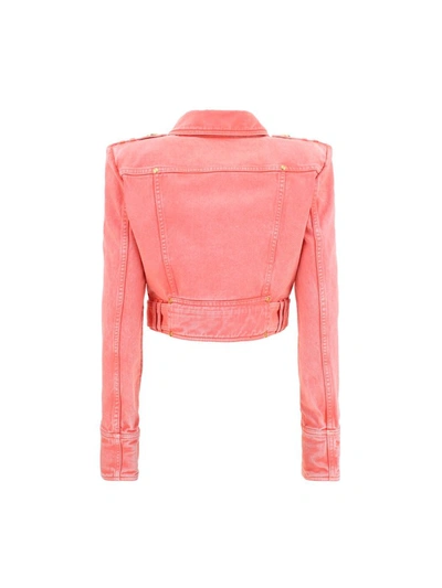 Shop Balmain Cropped Denim Biker Jacket In Pink