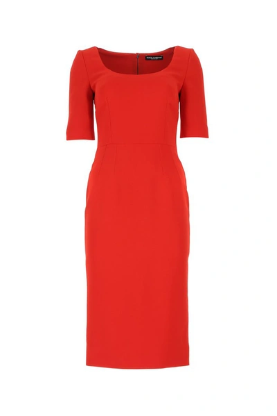 Shop Dolce & Gabbana Scoop Neck Midi Dress In Red