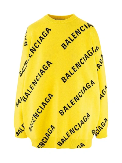 Balenciaga Logo Intarsia Oversize Crewneck Sweater In Yellow | ModeSens