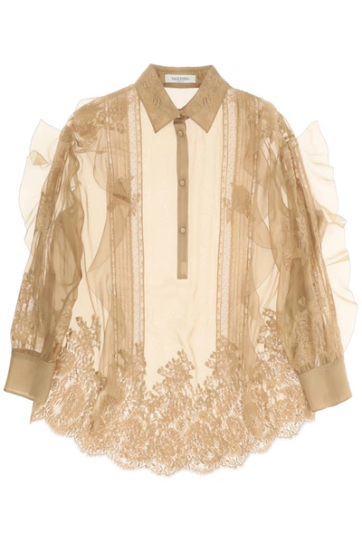 Shop Valentino Lace Detail Ruffled Chiffon Top In Beige