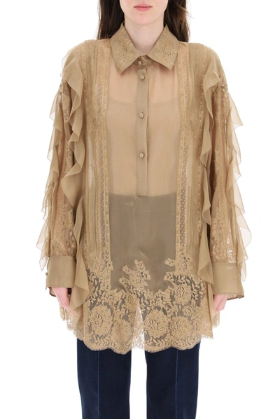 Shop Valentino Lace Detail Ruffled Chiffon Top In Beige