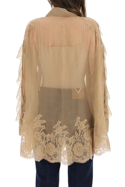 Shop Valentino Lace Detail Ruffled Chiffon Top In Beige