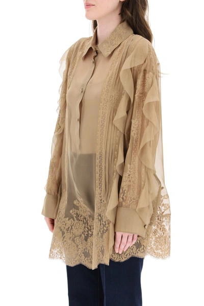 Shop Valentino Lace Detail Ruffled Chiffon Top In Beige