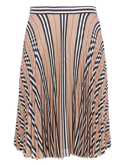 Shop Burberry Icon Stripe Pleated Midi Skirt In Beige