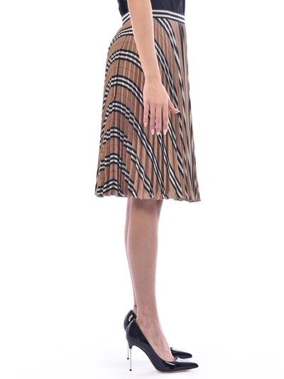 Shop Burberry Icon Stripe Pleated Midi Skirt In Beige