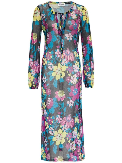 Shop Saint Laurent Floral Printed Long Sleeve Dress In Multi