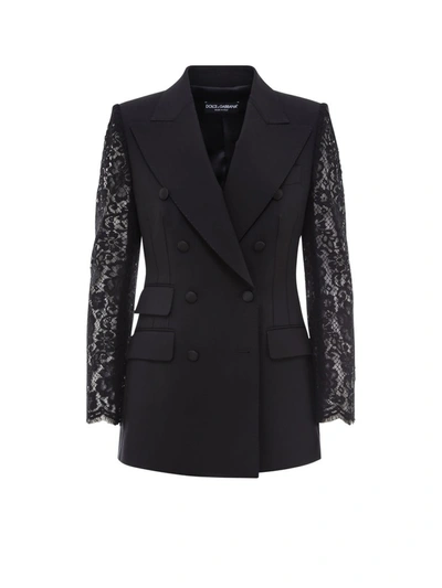 Shop Dolce & Gabbana Lace Sleeve Double Breasted Blazer In Black