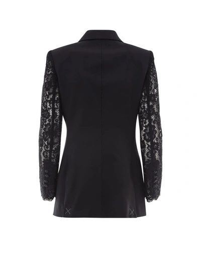Shop Dolce & Gabbana Lace Sleeve Double Breasted Blazer In Black