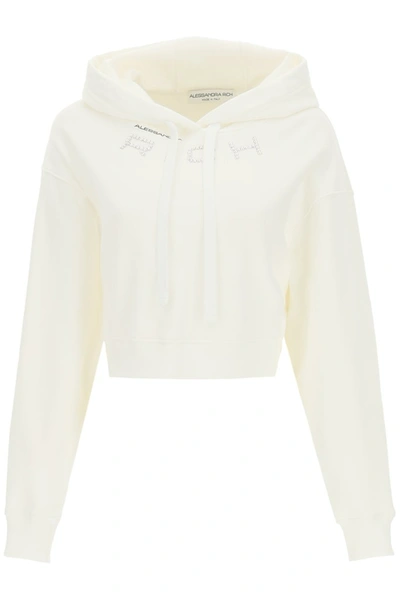 Shop Alessandra Rich Logo Embellished Drawstring Hoodie In White