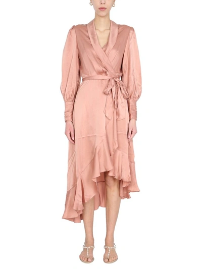 Shop Zimmermann Ruffled Wrap Midi Dress In Pink