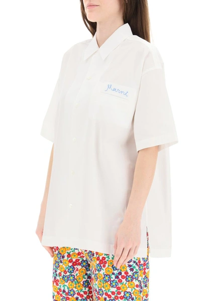 Shop Marni Logo Embroidered Oversized Shirt In White