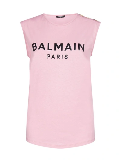 Shop Balmain Logo Printed Button Detail Tank Top In Pink