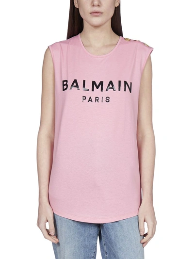 Shop Balmain Logo Printed Button Detail Tank Top In Pink