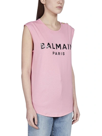 Shop Balmain Logo Printed Button Detail Tank Top In Pink