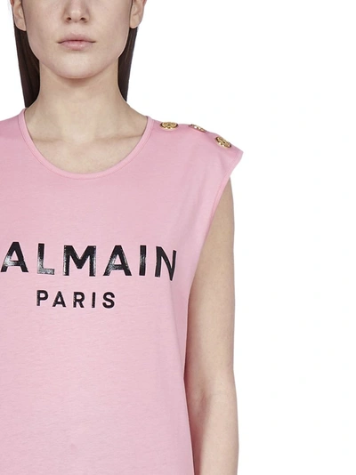 Shop Balmain Logo Printed Button Detail Tank Top In Pink