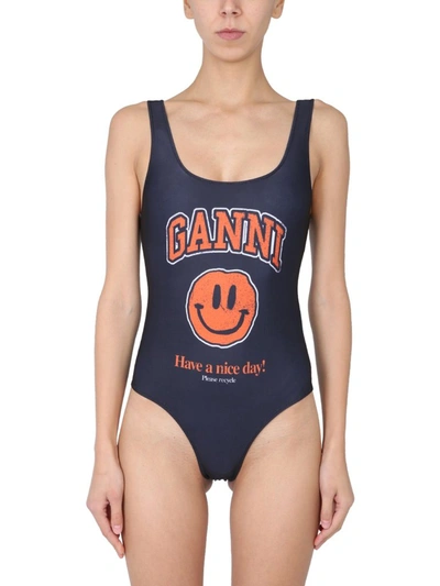 Shop Ganni Signature Smiley Graphic Print Swimsuit In Black