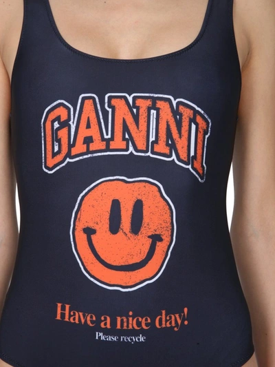 Shop Ganni Signature Smiley Graphic Print Swimsuit In Black
