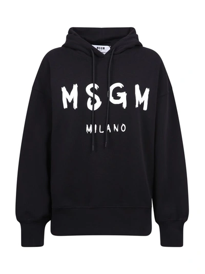 Shop Msgm Logo Print Drawstring Hoodie In Black