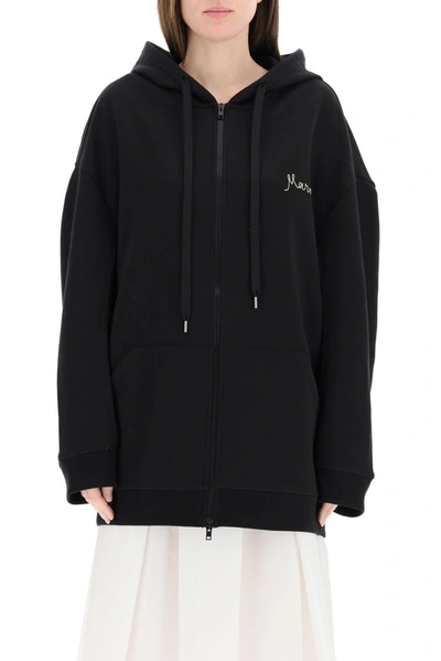 Shop Marni Logo Embroidered Slit Detail Hooded Jacket In Black