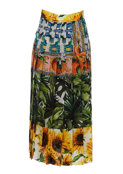 Shop Dolce & Gabbana Multi Print Pleated Midi Skirt