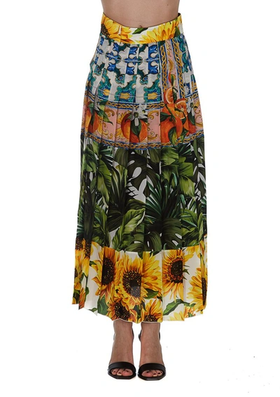 Shop Dolce & Gabbana Multi Print Pleated Midi Skirt