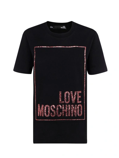 Love Moschino Cotton T-shirt With Glitter Logo Print In Black | ModeSens