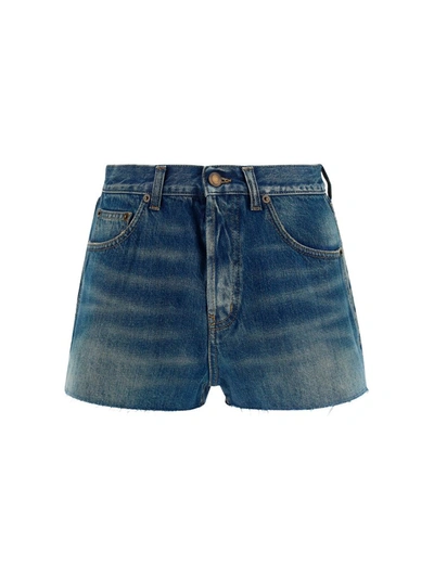 Shop Saint Laurent High Rise Denim Shorts In Blue