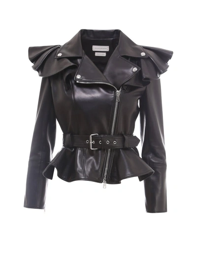 Shop Alexander Mcqueen Ruffle Detailed Leather Jacket In Black