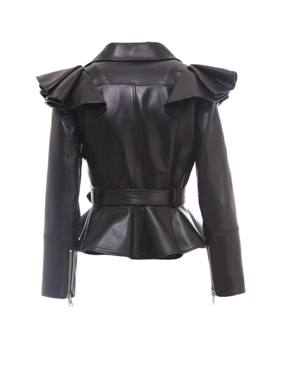 Shop Alexander Mcqueen Ruffle Detailed Leather Jacket In Black