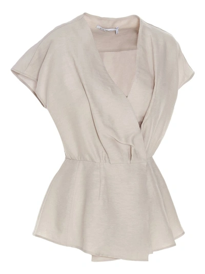 Shop Agnona Peplum Short Sleeve Blouse In Beige