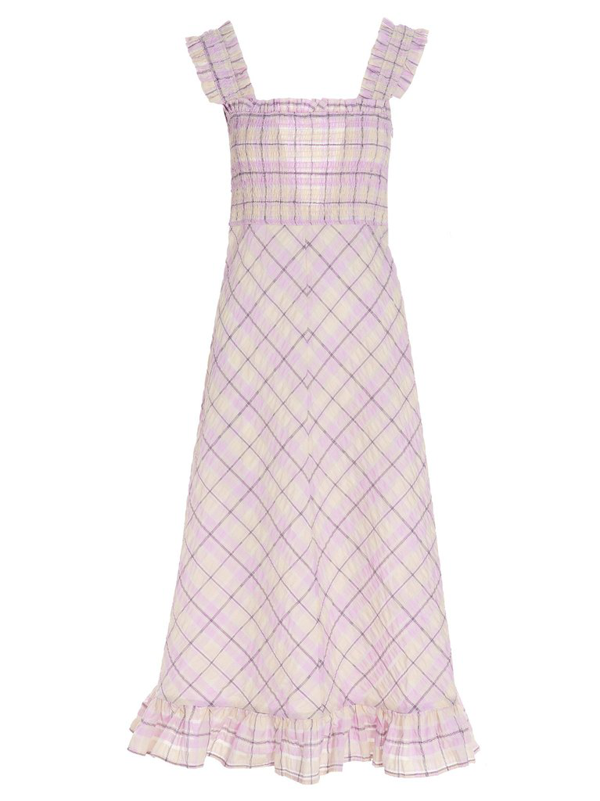 Ganni Ruffled Smocked Checked Organic Cotton-blend Seersucker Midi Dress In  Lilac | ModeSens