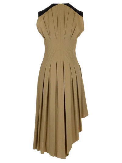 Shop Loewe Pleated Asymmetric Sleeveless Dress In Beige