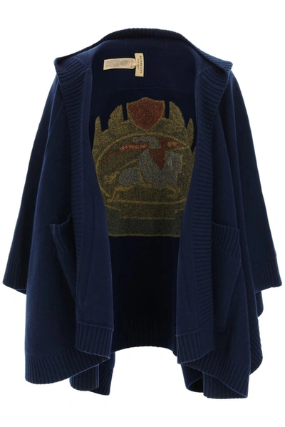Shop Burberry Logo Emblem Knitted Cape In Blue