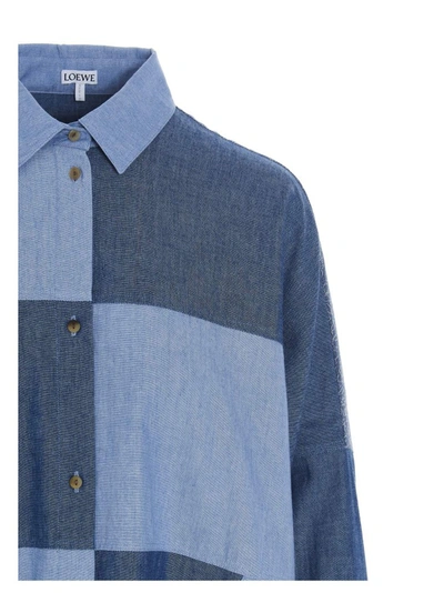 Shop Loewe Patchwork Asymmetric Oversized Shirt Dress In Blue
