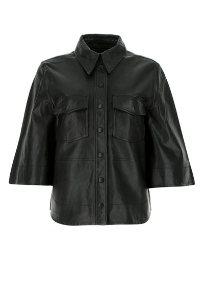 Shop Ganni Cropped Sleeve Leather Shirt In Black