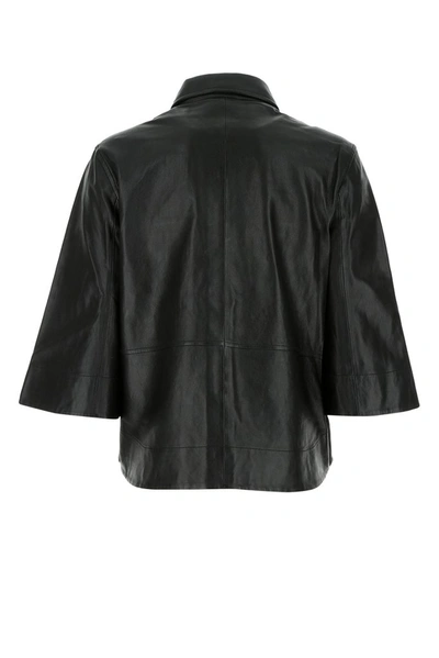 Shop Ganni Cropped Sleeve Leather Shirt In Black