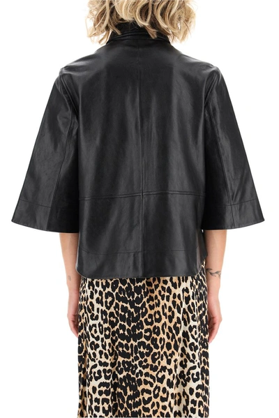 Shop Ganni Cropped Sleeve Leather Shirt In Black