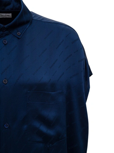 Shop Balenciaga Allover Logo Print Shirt Dress In Blue