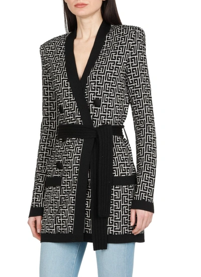 Shop Balmain Monogram Tie Belt Cardigan In Multi