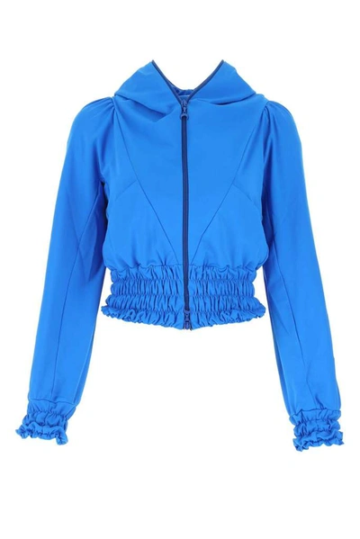 Shop Marine Serre Ruched Detailed Hooded Zipped Jacket In Blue