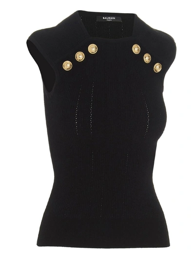 Shop Balmain Button Detail Knitted Tank Top In Black