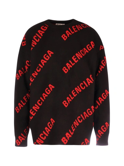 Shop Balenciaga Allover Logo Knit Sweater In Black