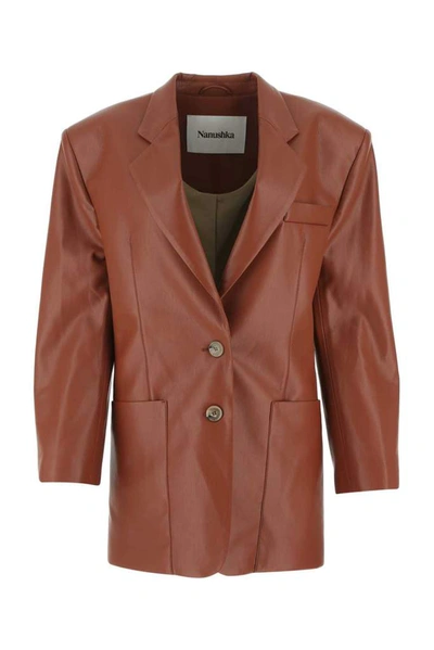 Shop Nanushka Evan Faux Leather Blazer In Brown