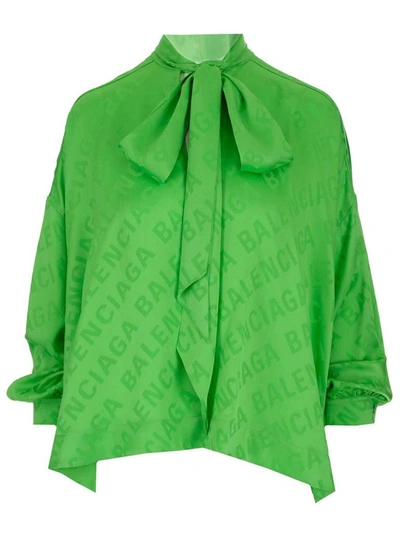 Shop Balenciaga All Over Logo Pussy Bow Shirt In Green