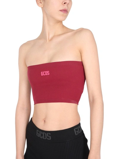 Shop Gcds Logo Plaque Ribbed Bandeau Top In Red