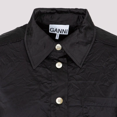 Shop Ganni Crinkled Satin Wrap Shirt In Black