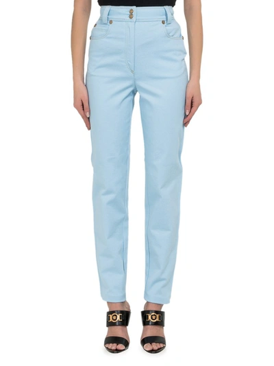 Shop Versace High Waisted Jeans In Blue
