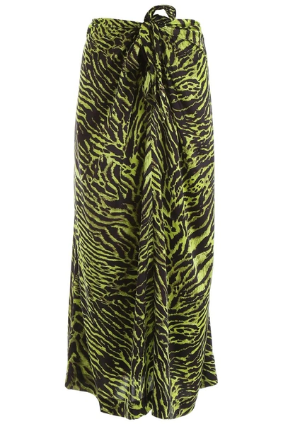 Shop Ganni Tiger Print Tie Front Skirt In Green